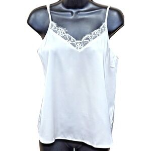 Ekouaer White Satin Cami Lace Trim V-Neck Spaghetti Strap Camisole Size M NWT